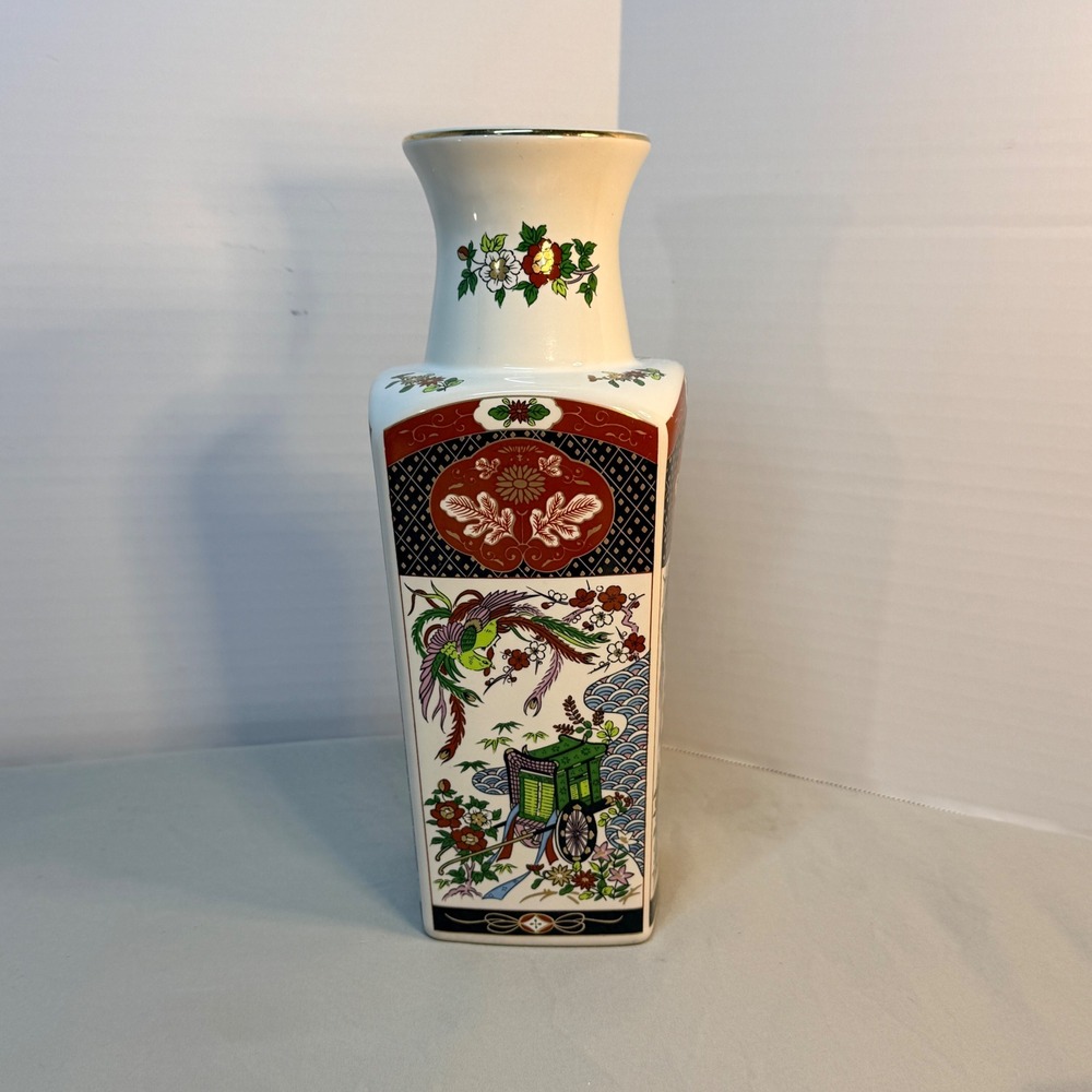 Vintage Japanese Porcelain Square Vase Phoenix Rickshaw Floral Imari Style 10in